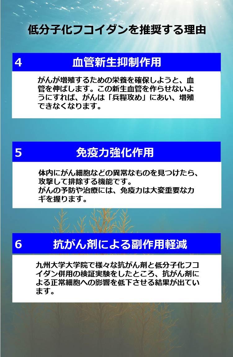 低分子化フコイダンを推奨する理由　4 血管新生抑制作用　がんが増殖するための栄養を確保しようと、血管を伸ばします。この新生血管を作らせないようにすれば、がんは「兵糧攻め」にあい、増殖できなくなります。　5 免疫力強化作用　体内にがん細胞などの異常なものを見つけたら、 攻撃して排除する機能です。がんの予防や治療には、免疫力は大変重要な力ギを握ります。　6 抗がん剤による副作用軽減　九州大学大学院で様々な抗がん剤と低分子化フコイダン併用の検証実験をしたところ、抗がん剤による正常細胞への影響を低下させる結果が出ています。